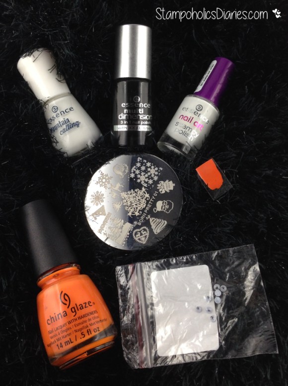 Born Pretty Google eyes, Essence Fatal, Snow alert, Stamp me white, China Glaze Stoked to be soaked, Born Pretty - 01.