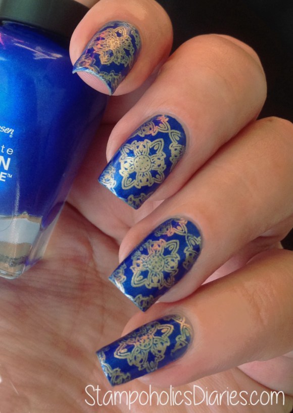 Sally Hansen Batbano Blue, Essie good as Gold, EDM-5 stmping StampoholicsDiaries.com