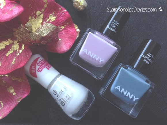 Anny 403 blue fashion show, 225 lilac powder, Essence 33 wild white ways