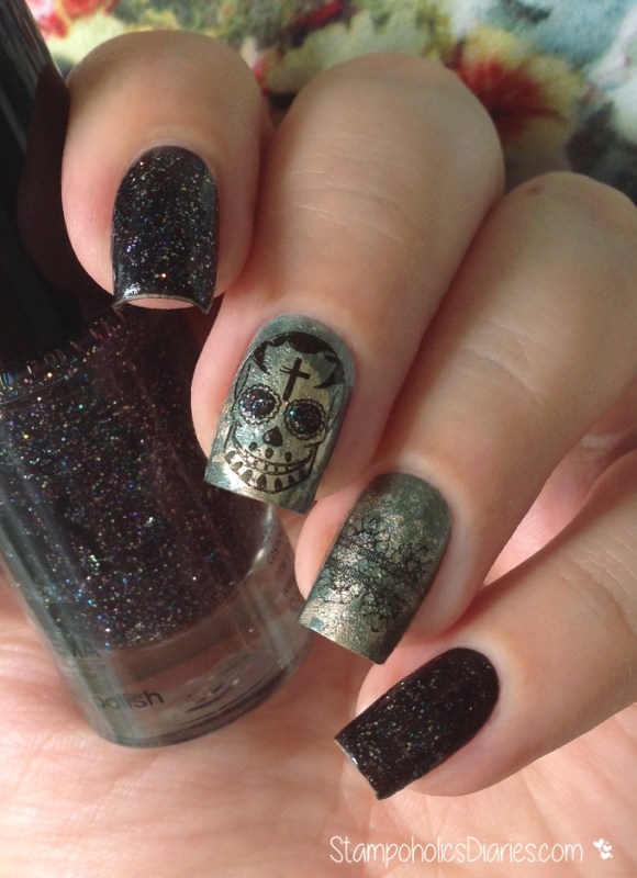 Skull nails with P2 Final Countdown, Essie Good as Gold, Bundle Monster BM-323, BM-413 Stampoholicsdiaries.com